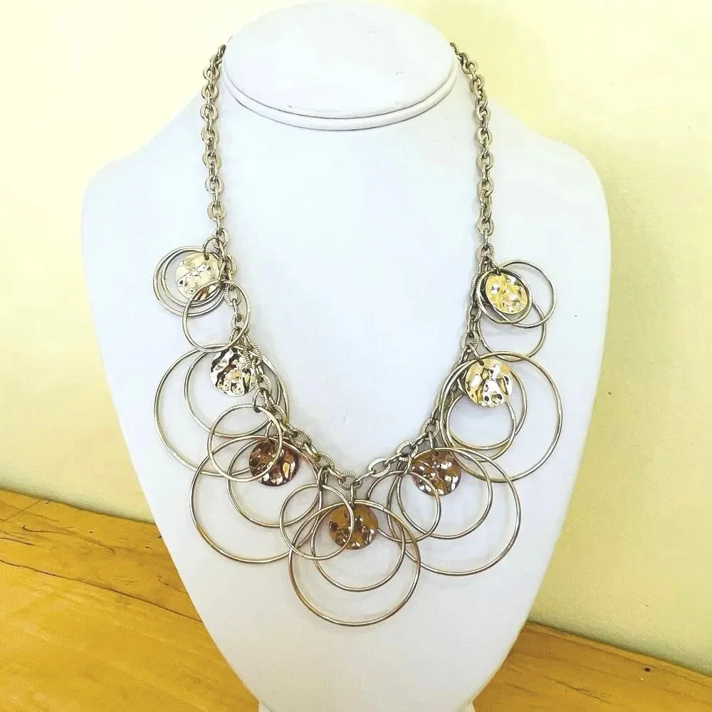 Vtg Hammered Disc Circle Retro Statement Necklace Link Chain Modernist